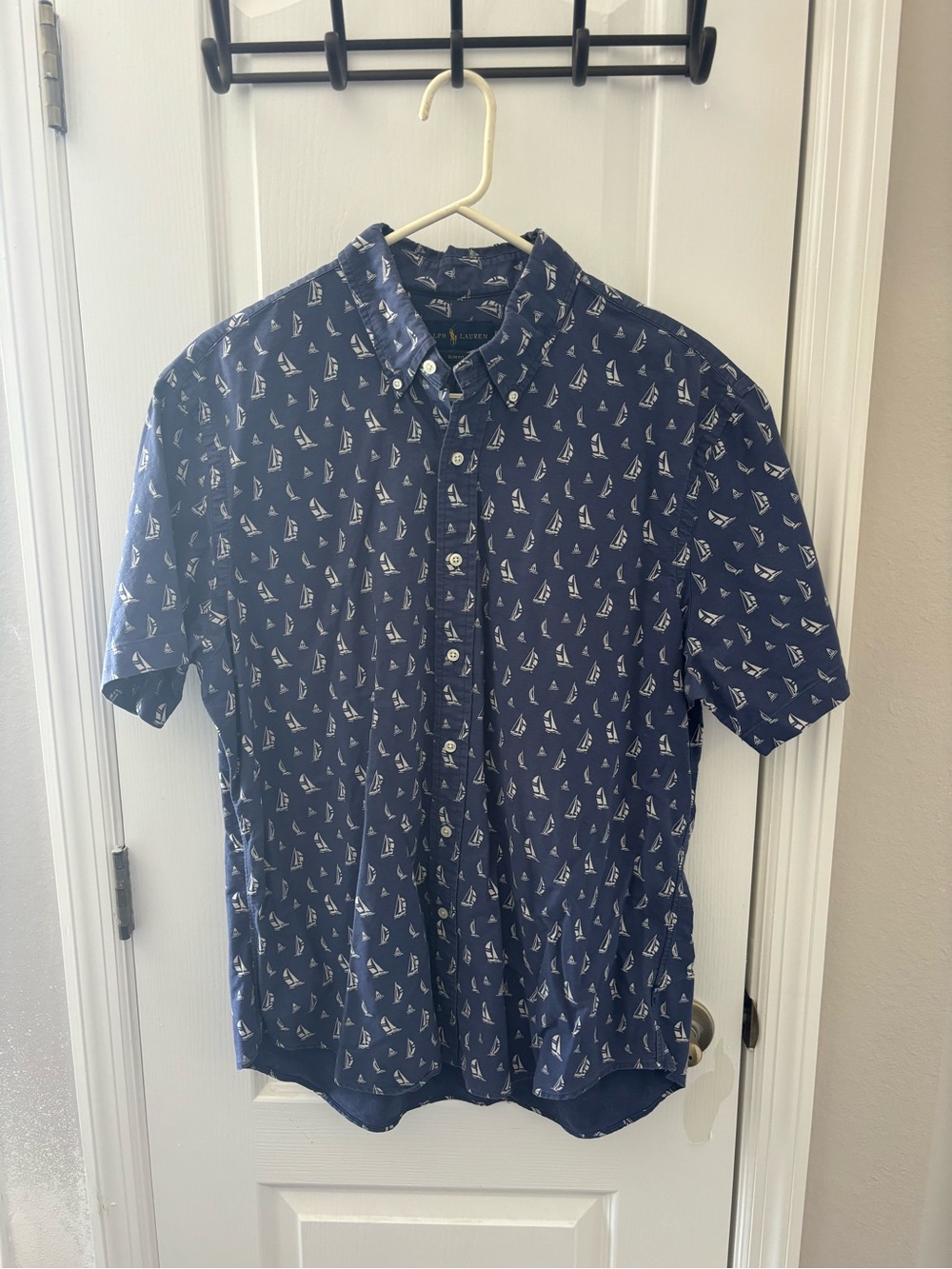 Ralph Lauren Navy Short-Sleeve Button-Down Shirt with White Sailboat Print